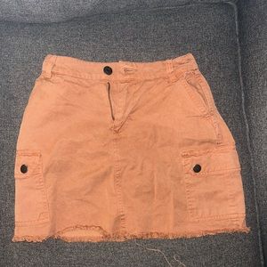 Aeropostale Dark Tan Denim Skirt Distressed at bottom, flexible strap